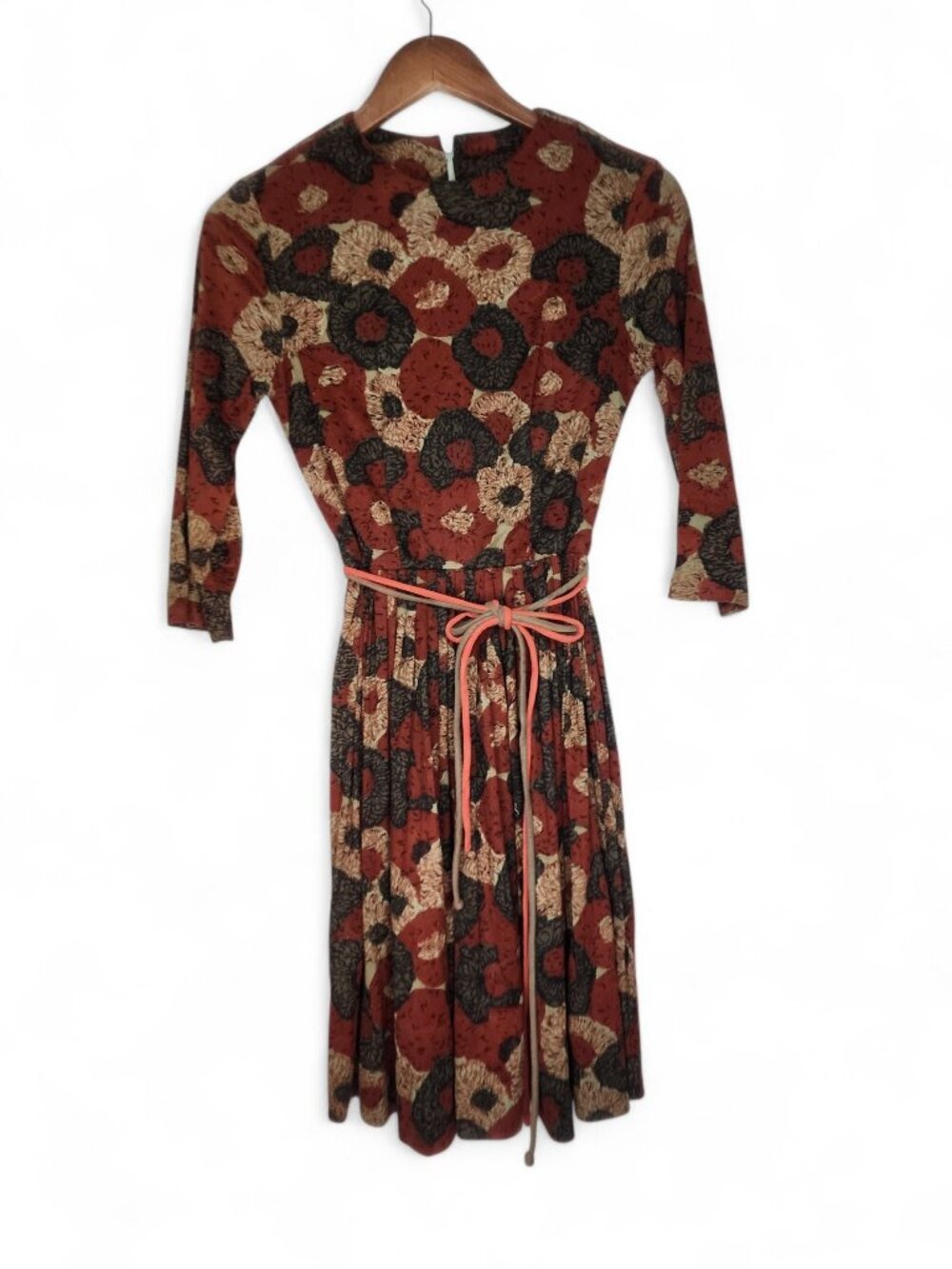 1960s Floral Pleated Vintage Deadstock Dress in Brick Red and Green